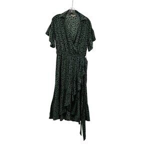Easel Short Sleeve Hi Low Spotted Belted Dress Green/Black Size Small Ruffle Hem